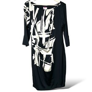 YOANA BARASCHI 100% Silk 3/4 Sleeve Midi Dress Abstract Print on Black US Sz 12